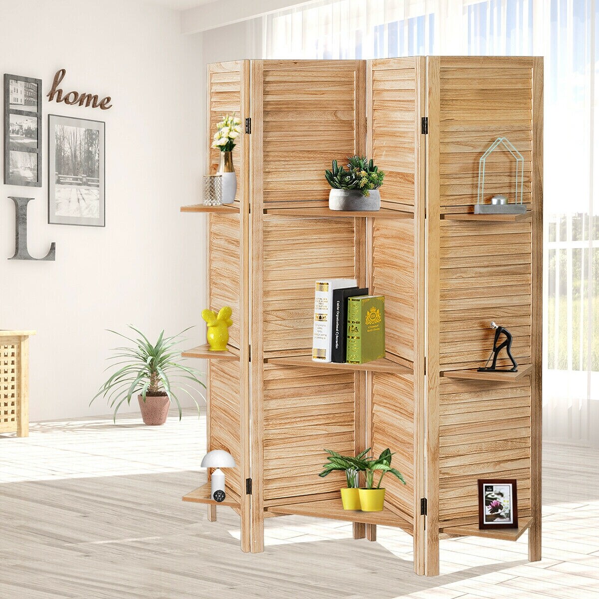 4 Panel Folding Room Divider Screen with 3 Display Shelves