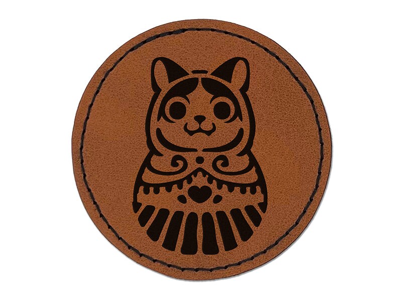 Cat Russian Nesting Doll Matroyshka Babushka Round Iron-On Engraved Faux Leather Patch Applique - 2.5&#x22;