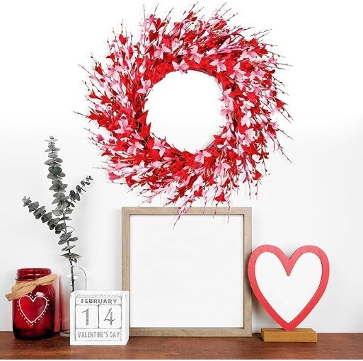 Artificial Pink Forsythia Wreath Spring Summer Fake Foam Flower Handmade Wreath with Pink Red Forsythia for Gifts 20in Valentine&#x27;s Day Wreath Farmhouse Front Door Window Decor Festival