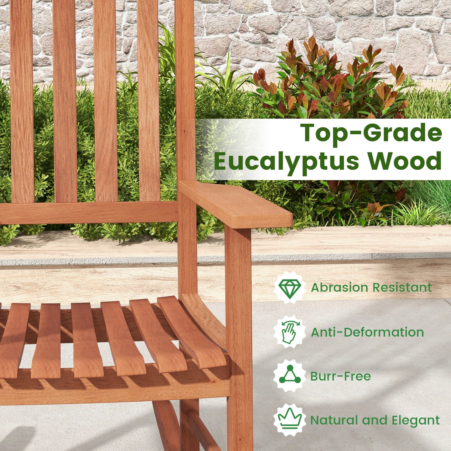 Costway Outdoor Rocking Chair Patio Eucalyptus Wood Rocker Ergonomic Slatted Garden