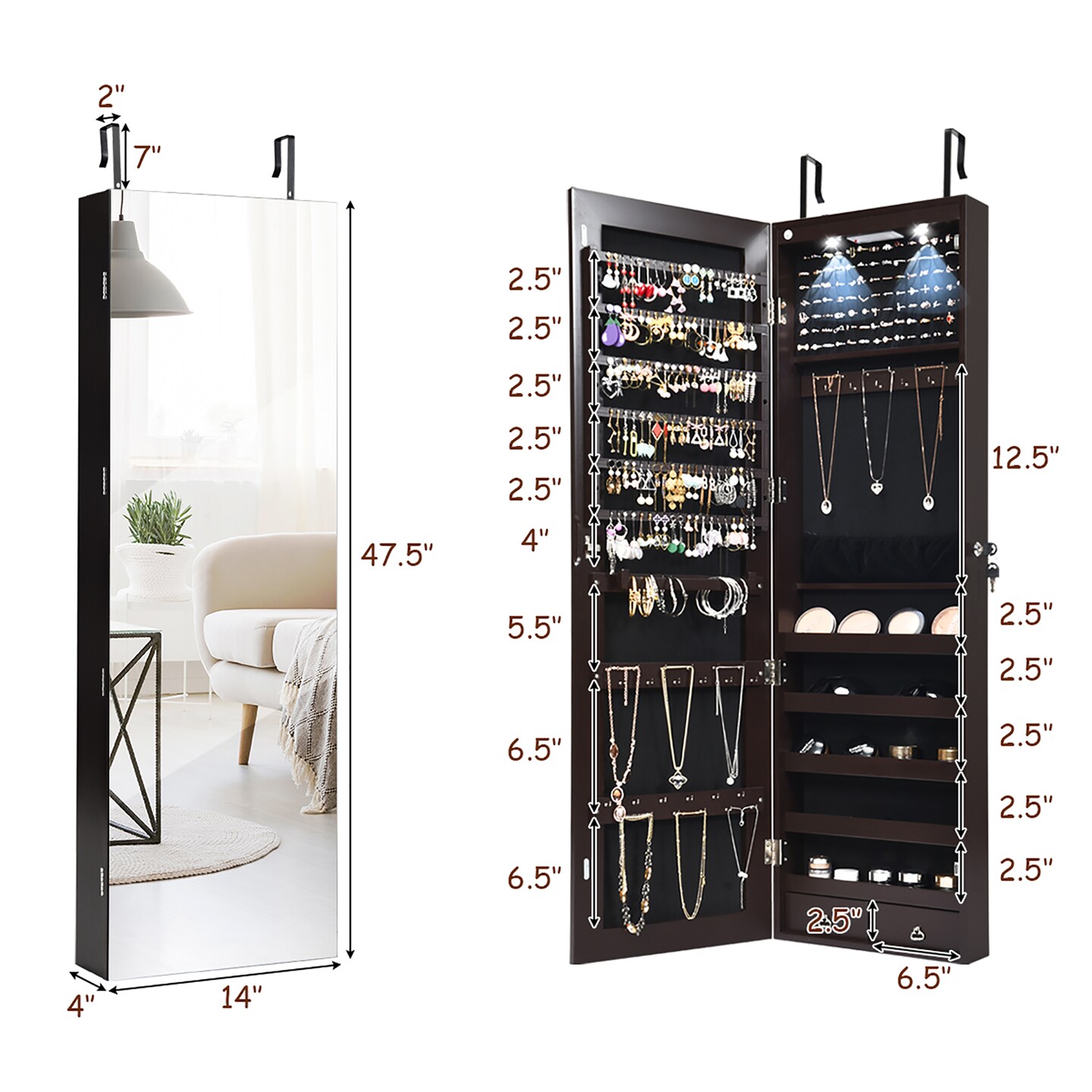 Costway Mirrored Jewelry Cabinet Jewelry Organizer w/2 LED Lights Brown