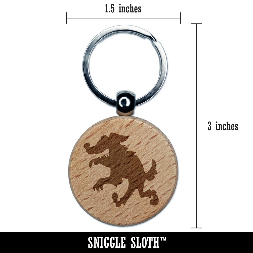 Scruffy Werewolf Dog Wolf Man Monster Halloween Engraved Wood Round Keychain Tag Charm
