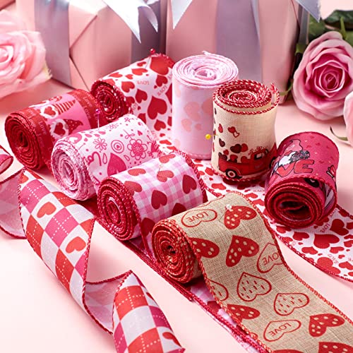 9 Rolls Valentine&#x27;s Day Wired Edge Ribbon Love Red Heart Pattern Ribbon Happy Valentine&#x27;s Day Truck Ribbons for Christmas Gift Wrap DIY Crafts Wedding Birthday Party Decoration Bow 2.5 Inch
