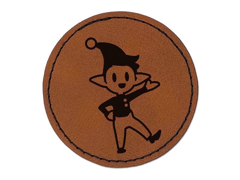 Cheerful Waving Christmas Elf Round Iron-On Engraved Faux Leather Patch Applique - 2.5&#x22;