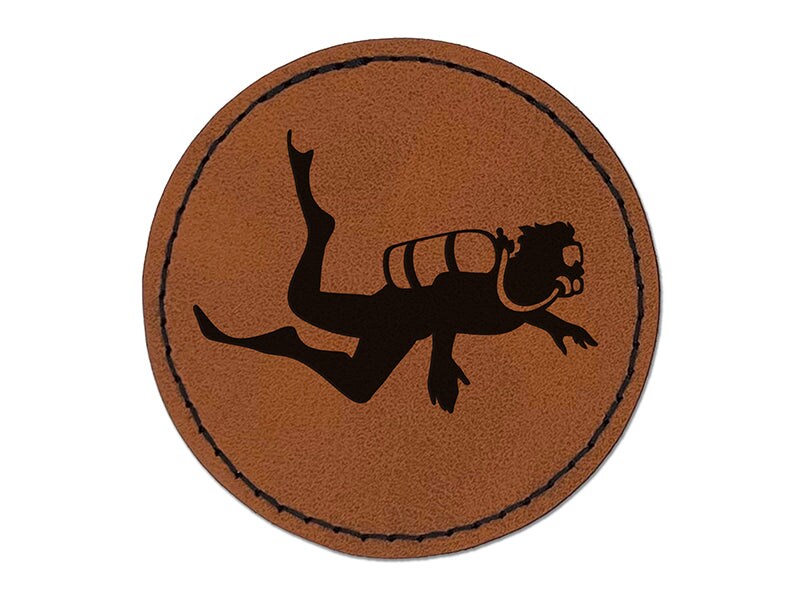 Scuba Diver Diving Swimming in the Ocean Underwater Round Iron-On Engraved Faux Leather Patch Applique - 2.5&#x22;