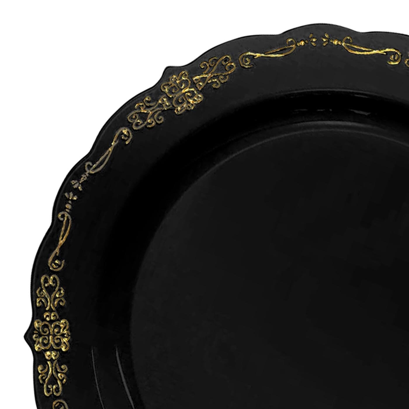 Black with Gold Vintage Rim Round Disposable Plastic Salad Plates 7.5