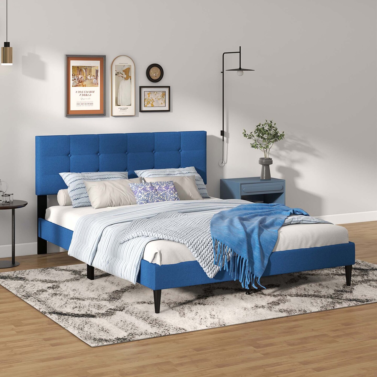 Costway Queen Upholstered Platform Bed Mattress Foundation Button Tufted Headboard Blue/Grey