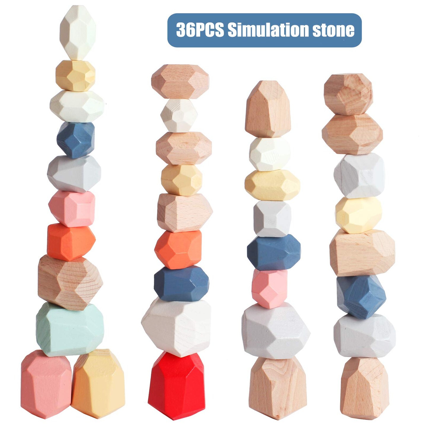 BESTAMTOY 36 PCS Wooden Sorting Stacking Rocks Stones,Sensory Toddler Toys  Learning Montessori Toys, Building Blocks Game for Kids 1 2 3 4 5 6 Years