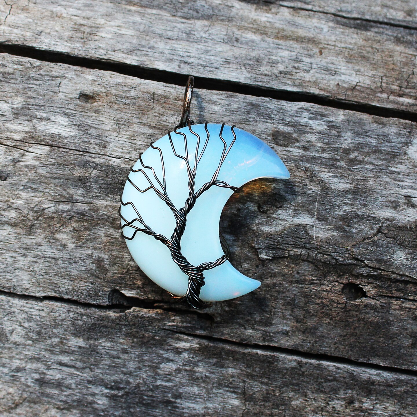 Wire Wrapped Blue Crescent Moon Stone Necklace, Hippie Jewelry, Tree of Life Jewelry, Celestial