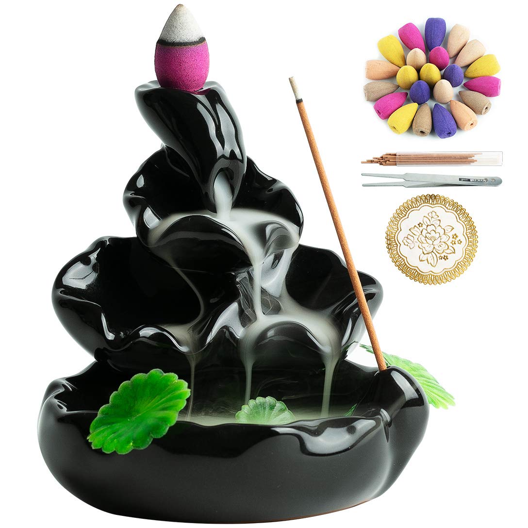 VVMONE Cute Ceramic Backflow Incense Holder Waterfall Incense Burner with 48 Incense Cones and 30 Incense Stick, Incense Fountain for Home Decor, Desk Decor(Black)