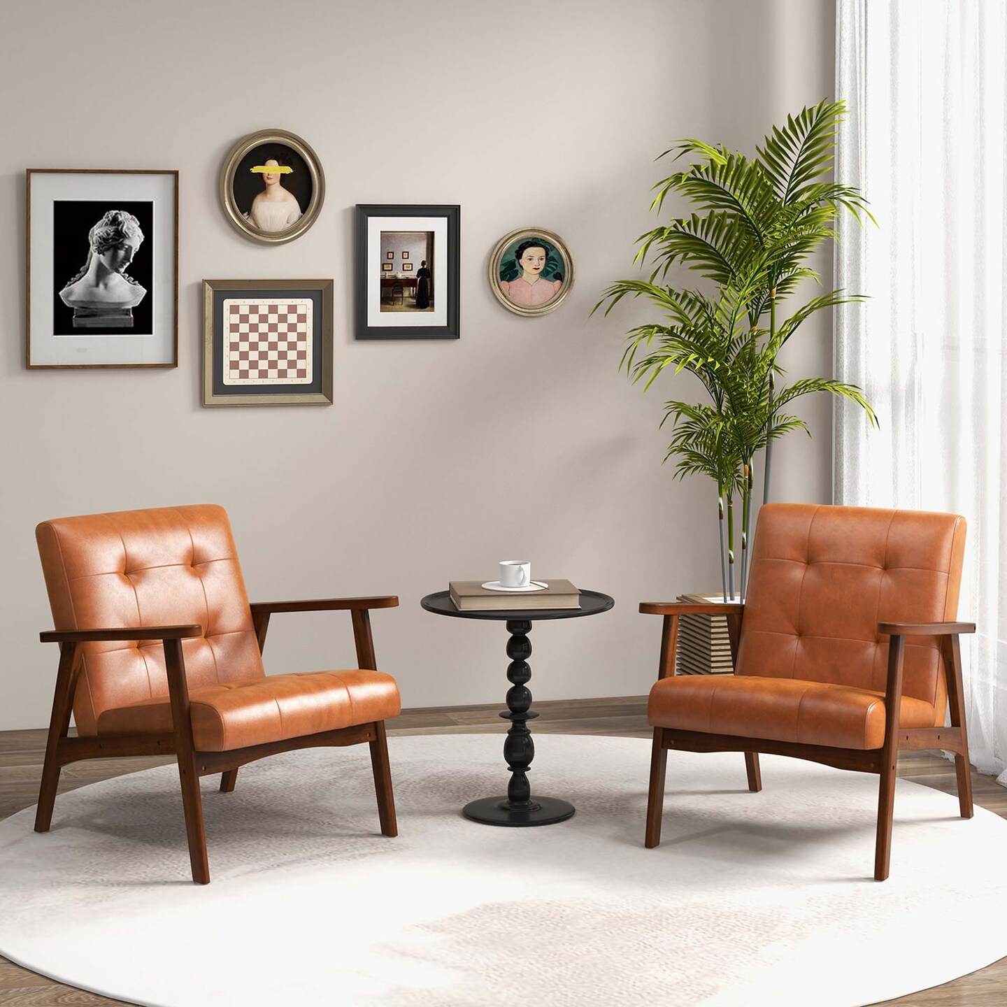 Costway Mid Century Accent Chair Tufted Reading Armchair Solid Rubber Wood Brown/Black