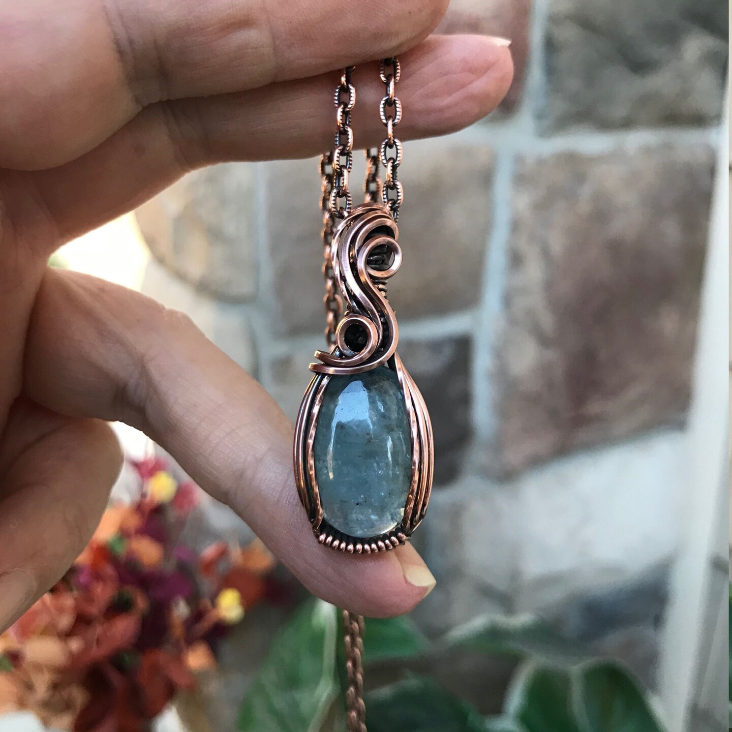 Aquamarine Natural Gemstone newest Combo Pure Copper Wire Wrap Pendant And Bracelet Birthstone March