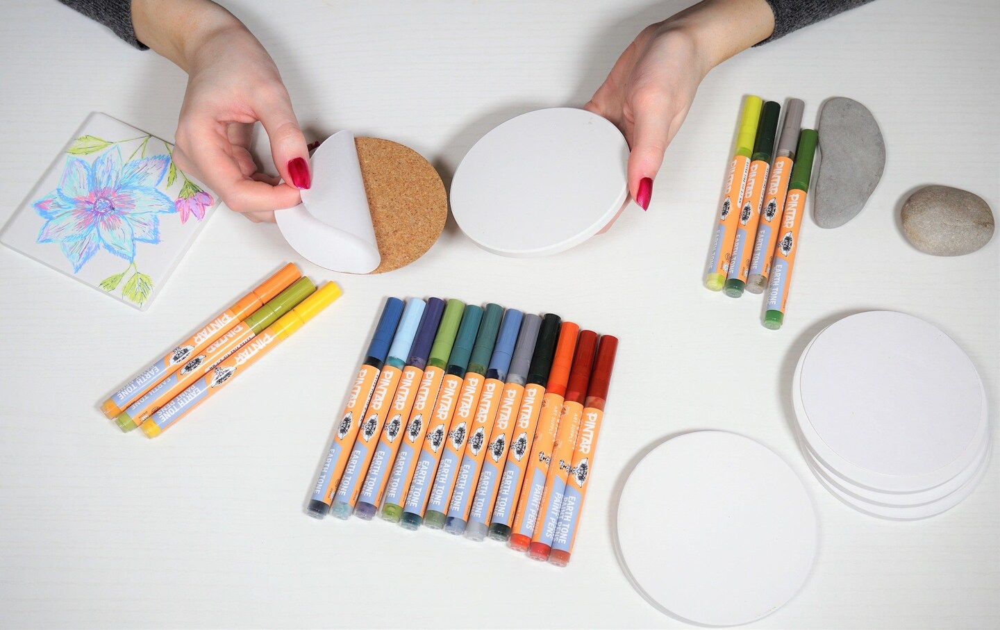 Pintar Make Your Own Coasters Kit12 Pack of 4” Round White Unglazed Ceramic Tiles with Adhesive Cork Backing Pads Use with Alcohol Ink, Acrylic Paints