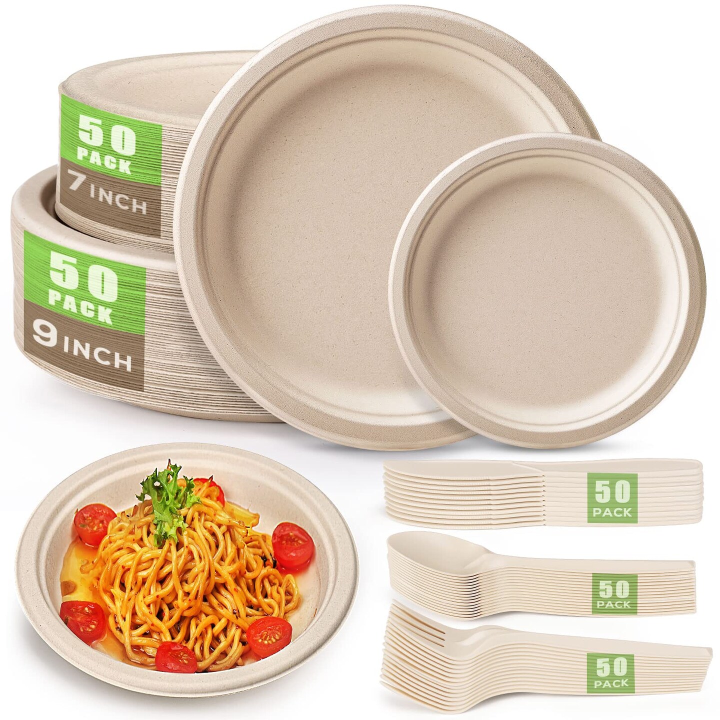 250 Pieces Disposable Paper Plates Set, Compostable Plate Sugarcane Utensils Eco Friendly Dinnerware Kit Includes 50 Biodegradable Plates, Forks, Knives and Spoons for Brithday Party Camping