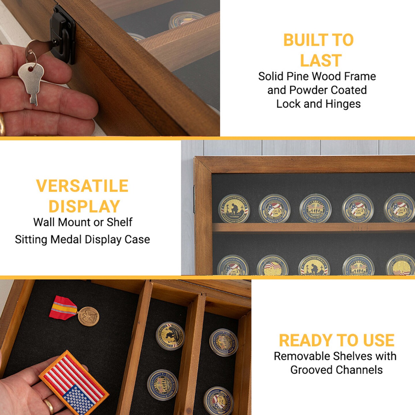HBCY Creations Medals Display Case - Solid Wood with Acrylic Window - Anti-Theft Lock with 2 Keys - For Mementos and Keepsakes
