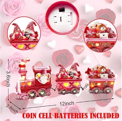 Valentines Day Decorations for Home Indoor, LED Valentines Gnome Train Decor for Tabletop Figurines, Valentines Day Centerpieces Decorations Outdoor Party Home Light Up Decorations Table Top Pink