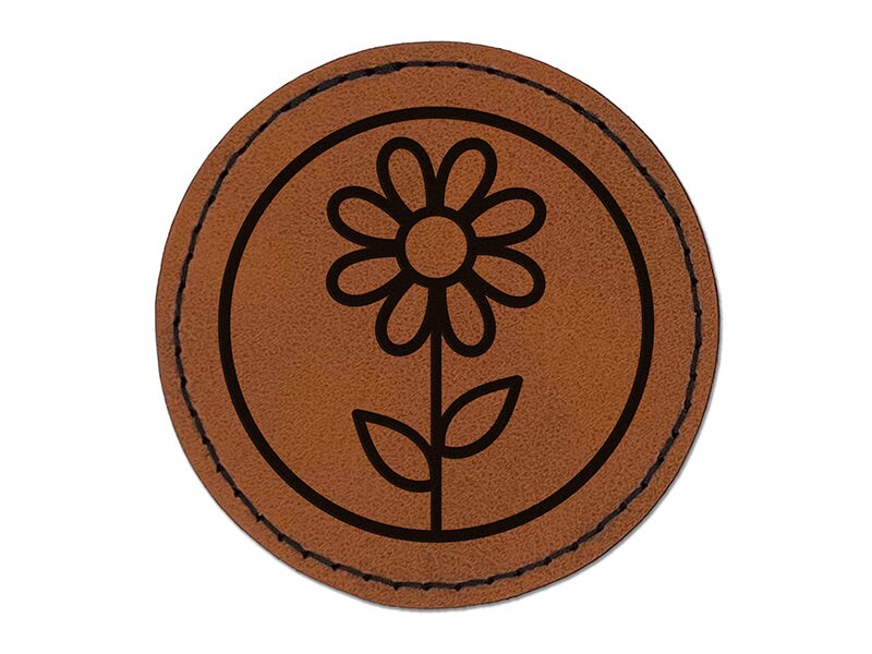 Daisy Flower in Circle Round Iron-On Engraved Faux Leather Patch Applique - 2.5&#x22;