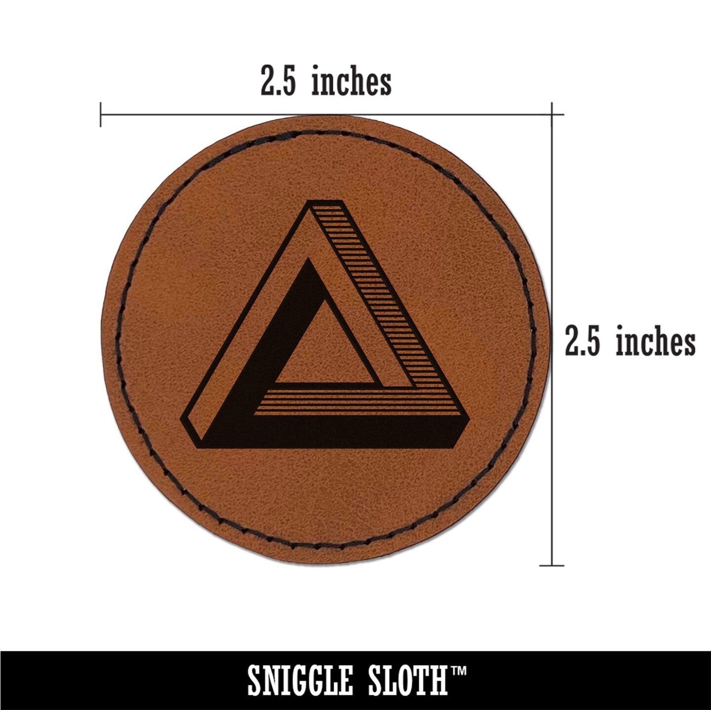 Infinite Penrose Triangle Tribar Optical Illusion Round Iron-On Engraved Faux Leather Patch Applique - 2.5&#x22;