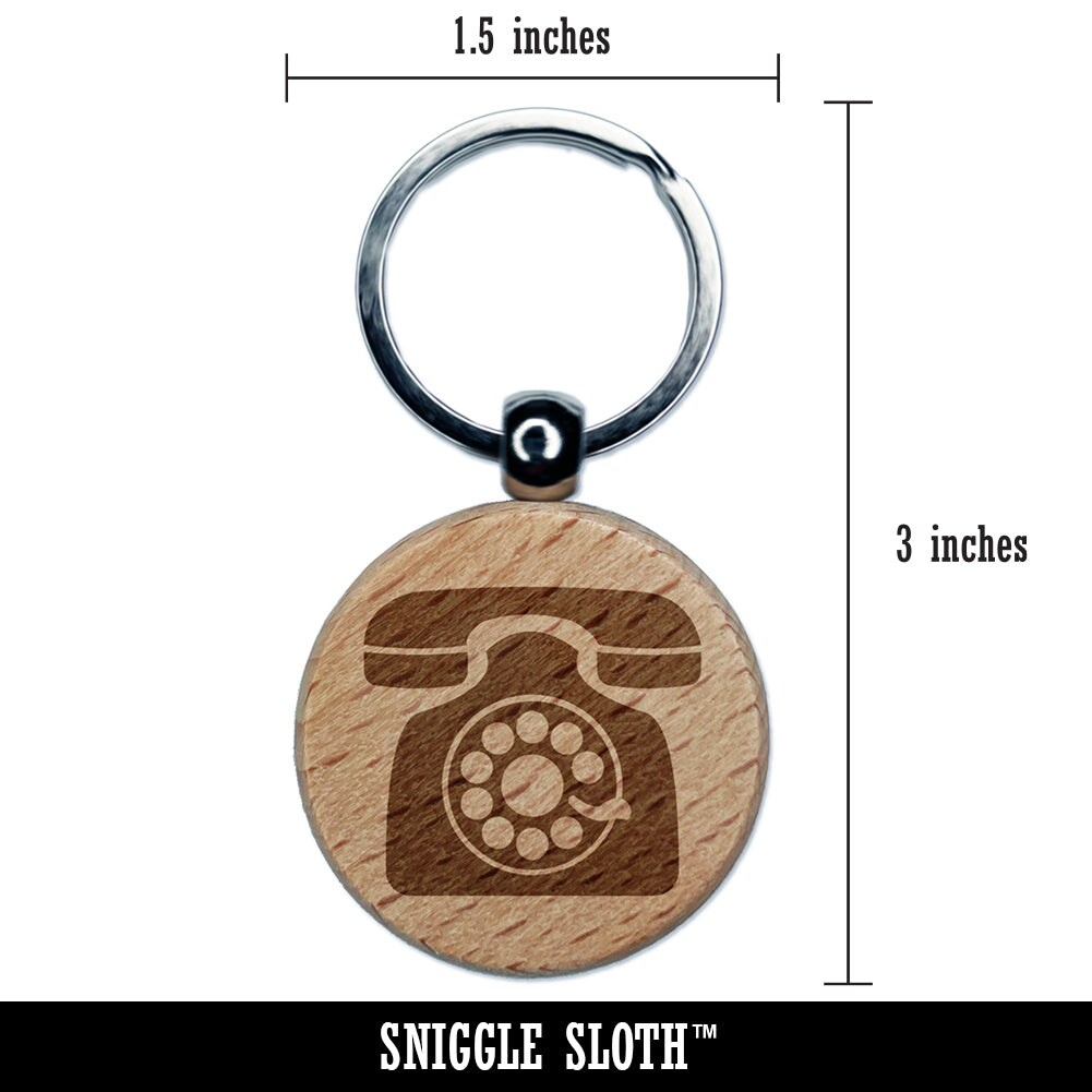 Rotary Dial Phone Engraved Wood Round Keychain Tag Charm