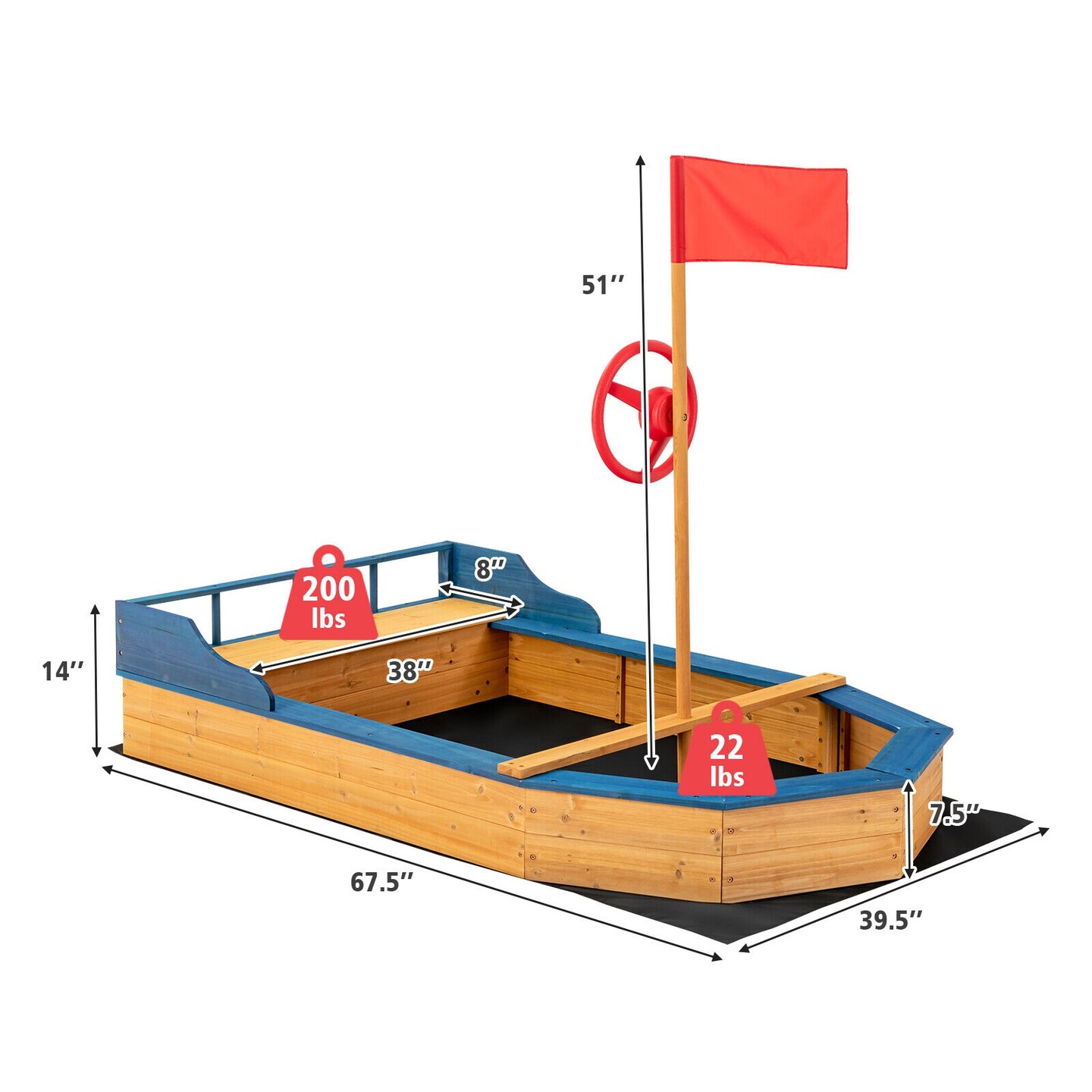 Kids&#x27; Pirate Boat Sandbox with Flag and Rudder