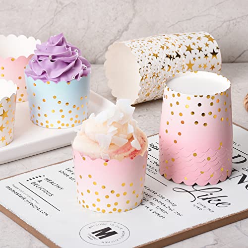 25 Pieces Party Hippo Cupcake Cups, 4.5 Oz Disposable Foil Muffin Liners, Gold Cupcake Baking Cups, Baking Cups (Gold Dots Pink)