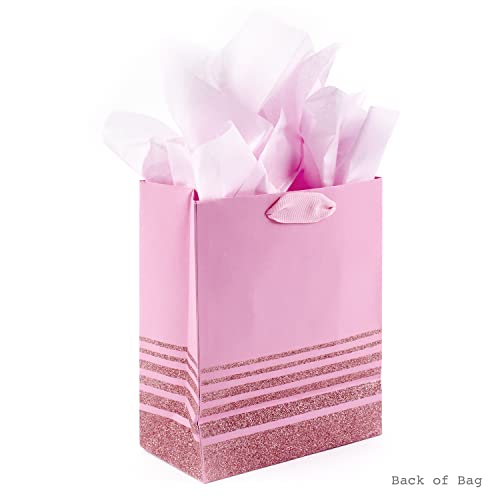 Hallmark 9&#x22; Medium Gift Bag with Tissue Paper (Pink Glitter Stripes) for Birthdays, Mothers Day, Baby Showers, Easter, Bridal Showers or Any Occasion