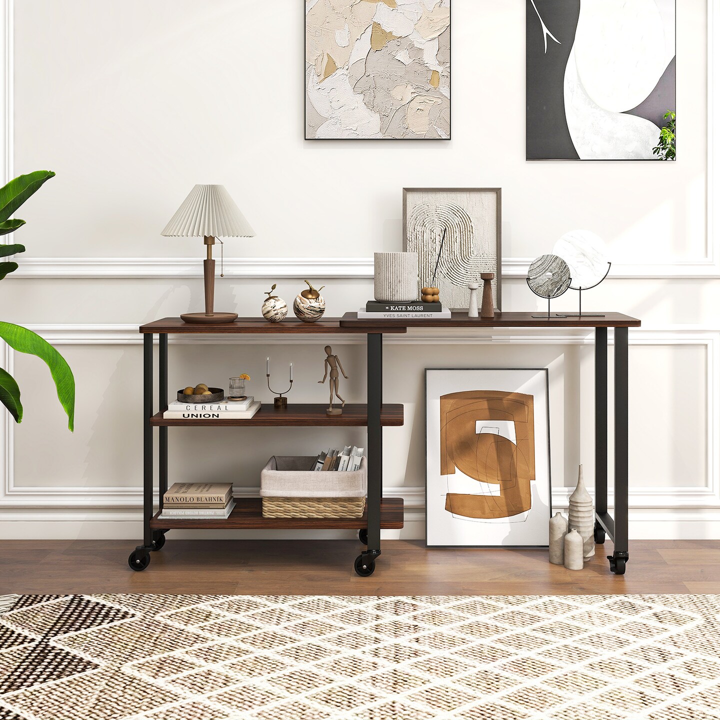 360&#xB0; Rotating Sofa Side Table with Storage Shelves and Wheels