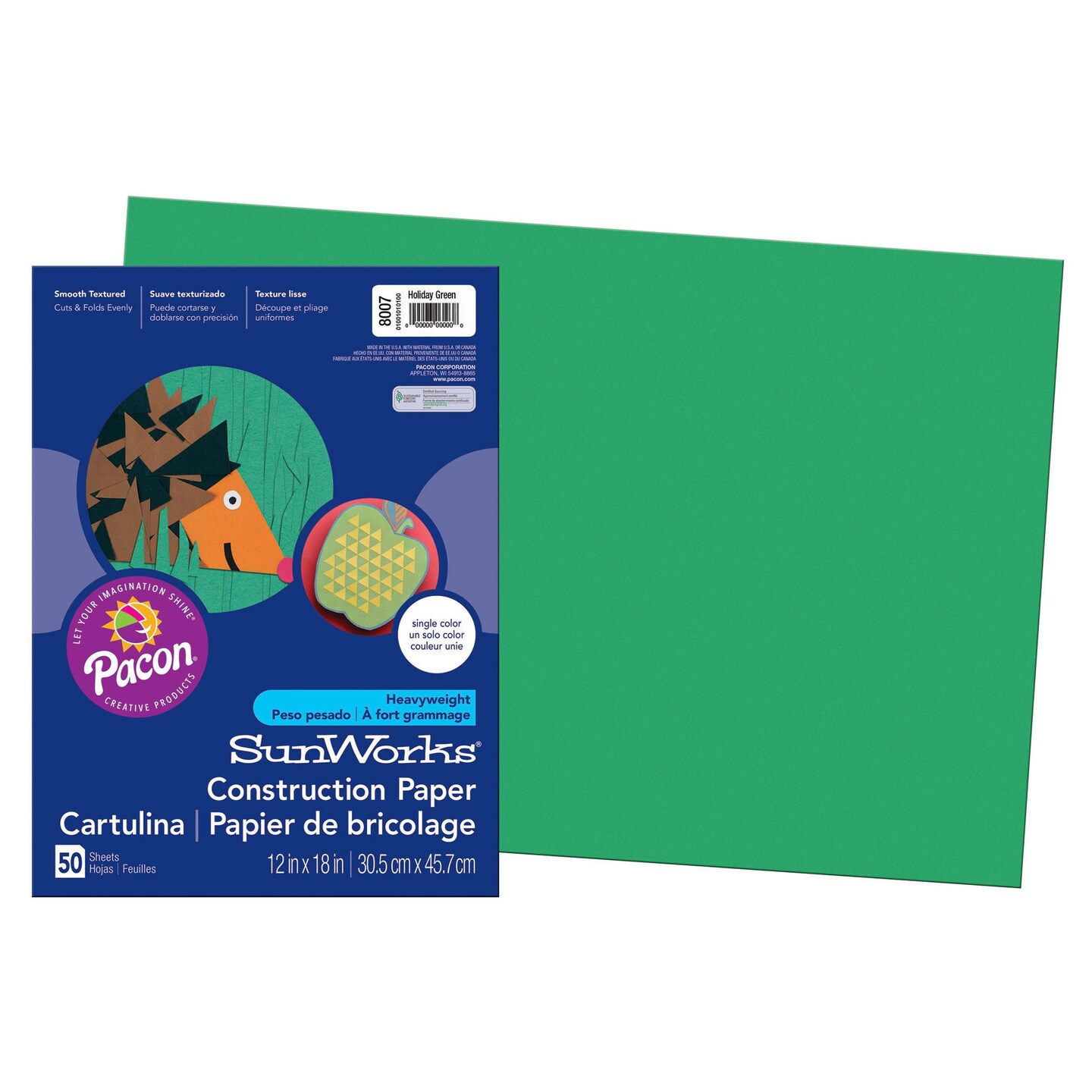 Construction Paper, Holiday Green, 12&#x22; x 18&#x22;, 50 Sheets Per Pack, 5 Packs
