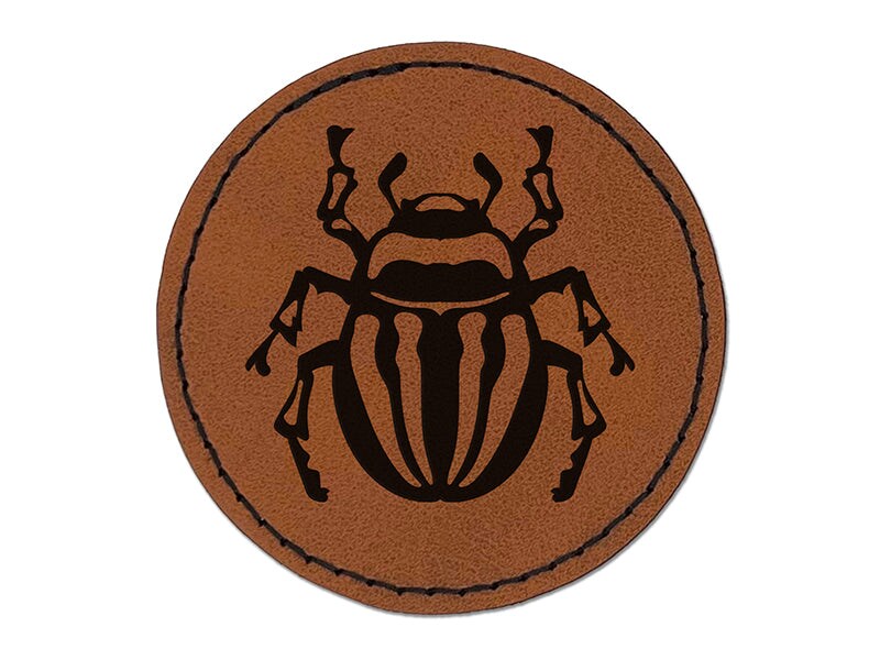Round Striped Potato Beetle Bug Insect Round Iron-On Engraved Faux Leather Patch Applique - 2.5&#x22;