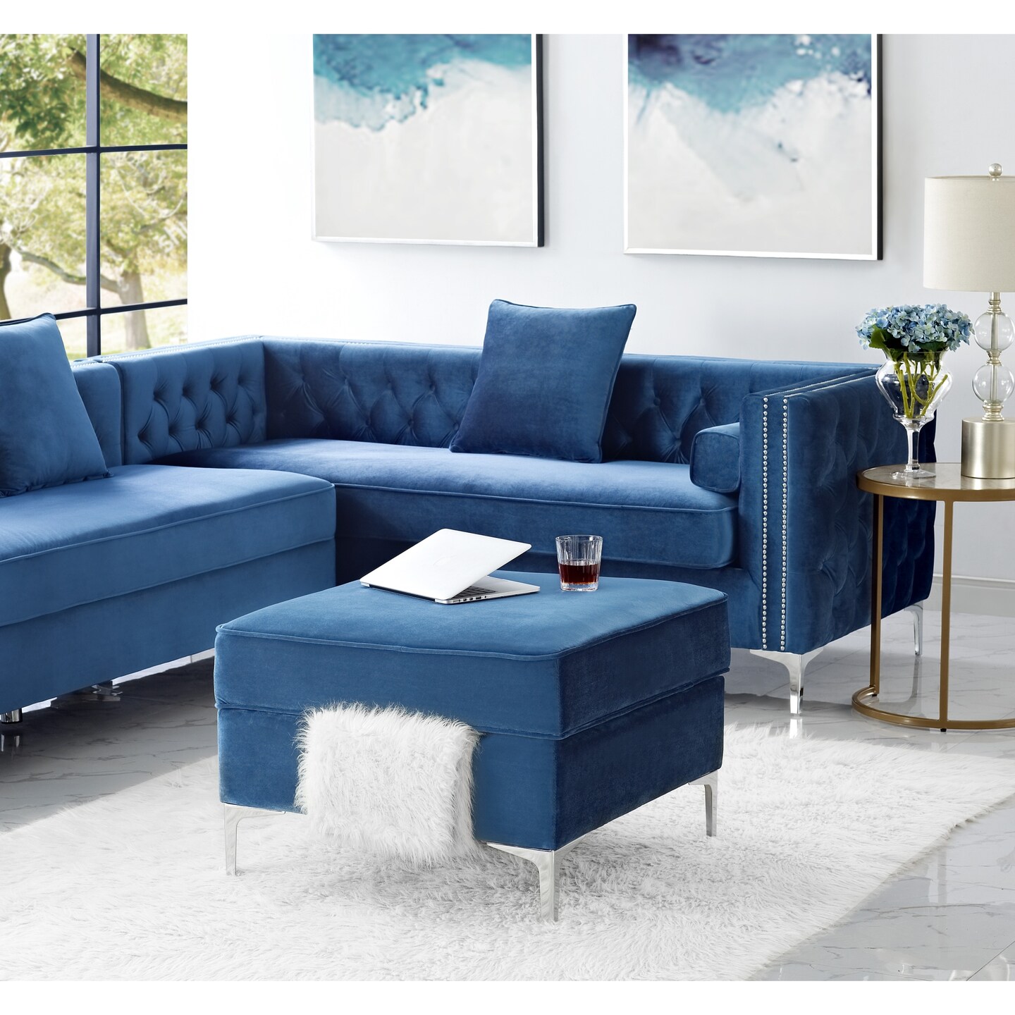 Olivia Velvet Metal Y-Leg Square Storage Ottoman