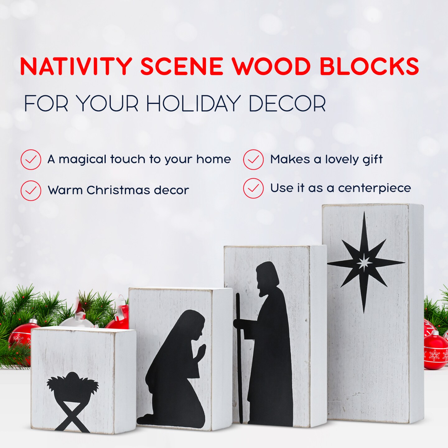 Ornativity Wooden Block Nativity Scene - Black Silhouette Christmas Figures on White Painted Wood Blocks Indoor Nativity Table Top Set Decorations - 1 Set