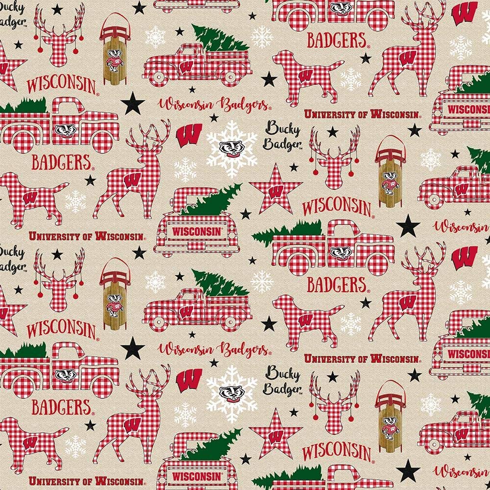 Sykel Enterprises-University of Wisconsin Cotton Fabric-Wisconsin Badgers Christmas Cotton Quilting Fabric