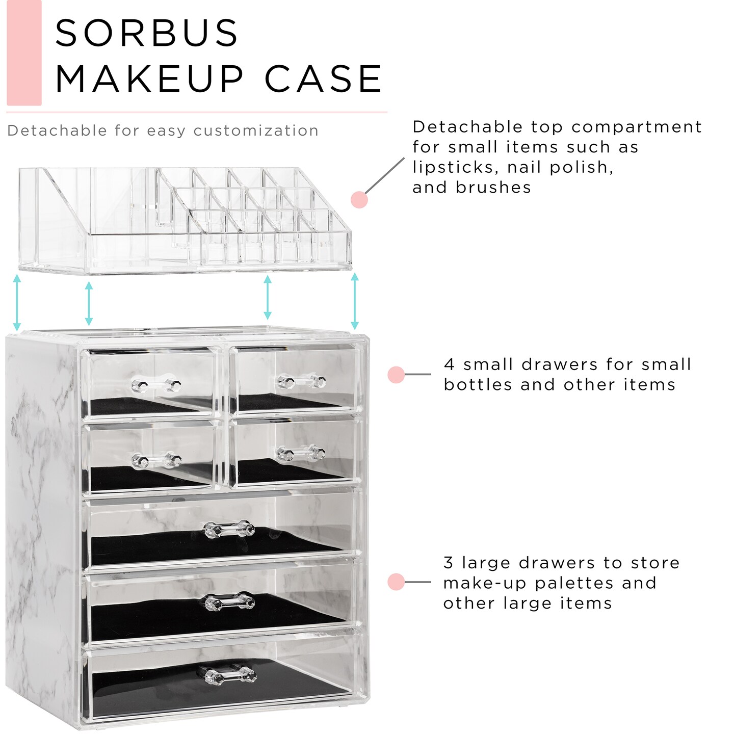 Sorbus Medium Makeup Organizer Set - (3 Large / 4 Small Drawers/Top Tray)