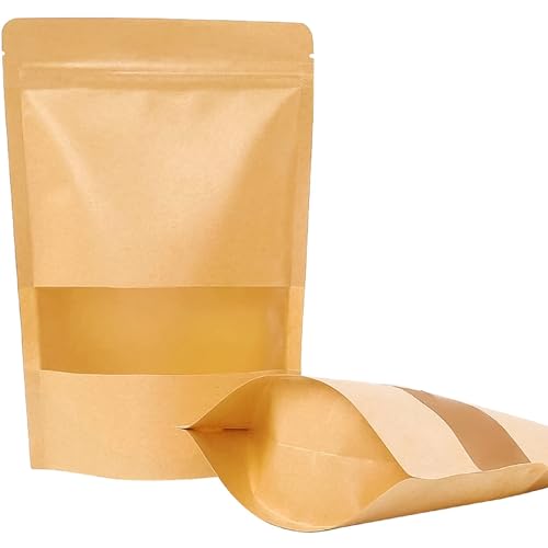 72 Pieces Stand Up Pouches, Kraft Paper Bags with Window for Coffee, Brown Resealable and Ziplock Stand Up Bags for Home or Business, 7&#xD7;10 Inches for Packaging