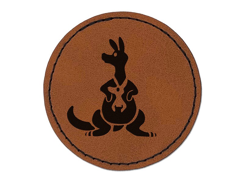 Kangaroo Mother with Baby Joey in Pouch Pocket Round Iron-On Engraved Faux Leather Patch Applique - 2.5&#x22;