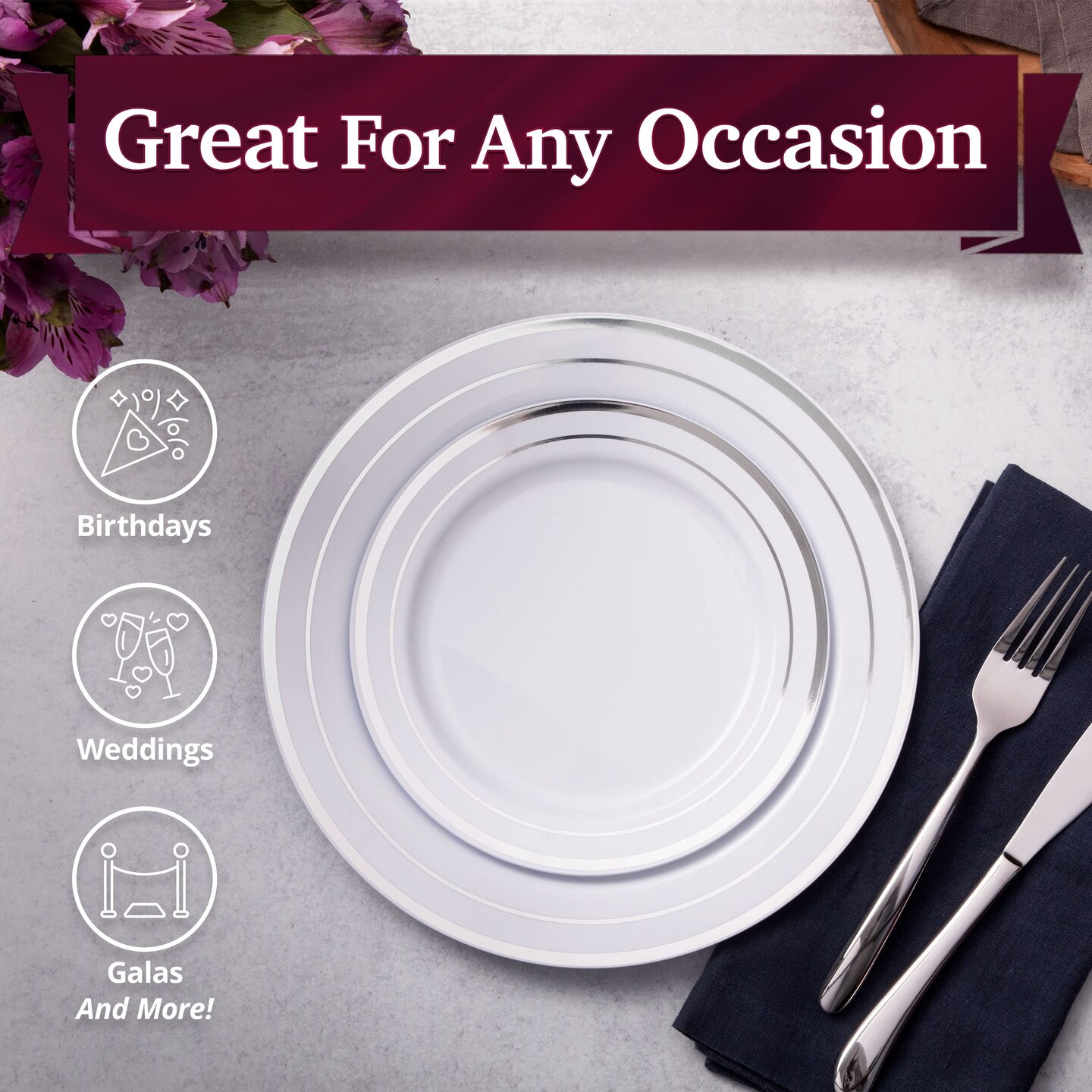 60 Silver Plastic Plates Disposable Heavy Duty Premium Plastic Plates, 30 Plastic Dinner Plates + 30 Dessert Appetizer Plates for Weddings, Fancy Disposable Plates for Party White Plastic Plates