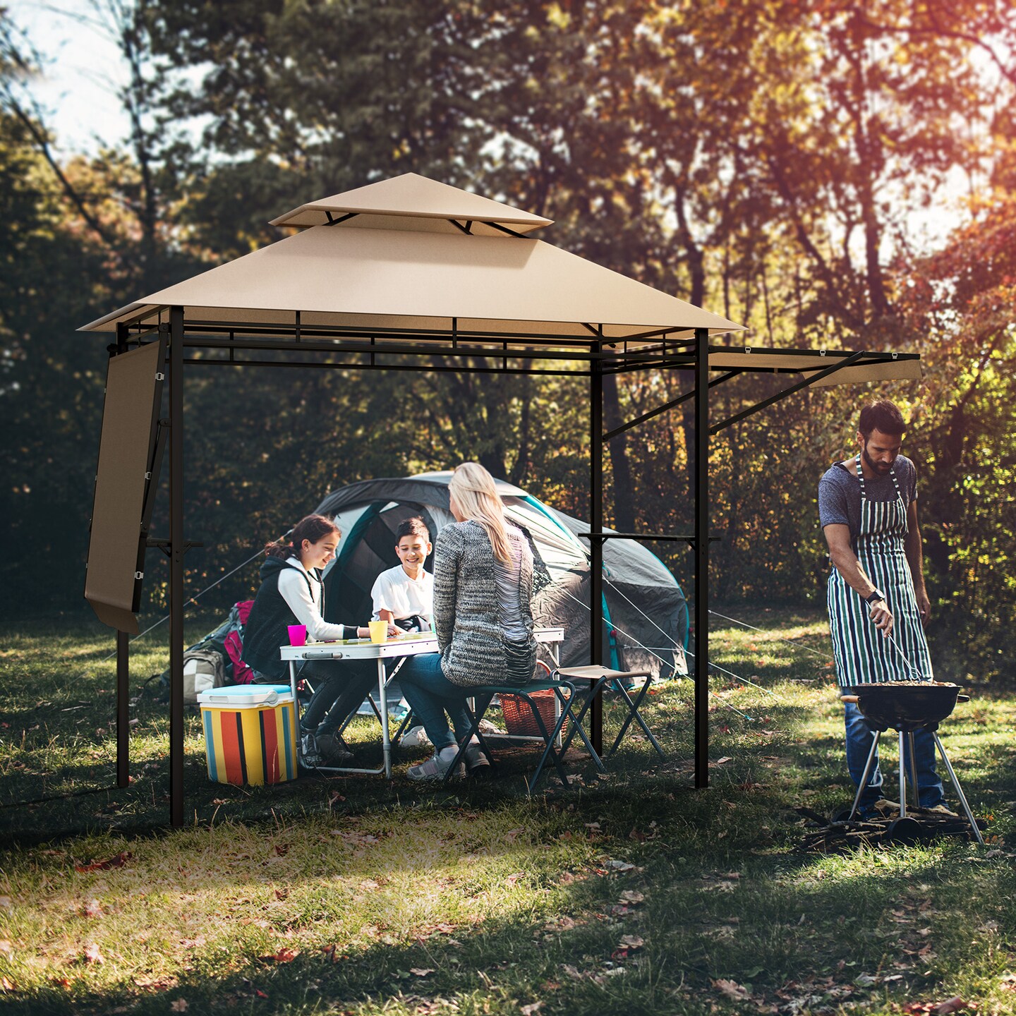 Patio BBQ Grill Gazebo Canopy with Dual Side Awnings