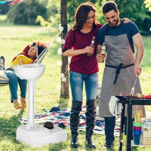 Portable Camping Sink with Foot Pump 19L Water Tank 3L Soap Dispenser Wheels