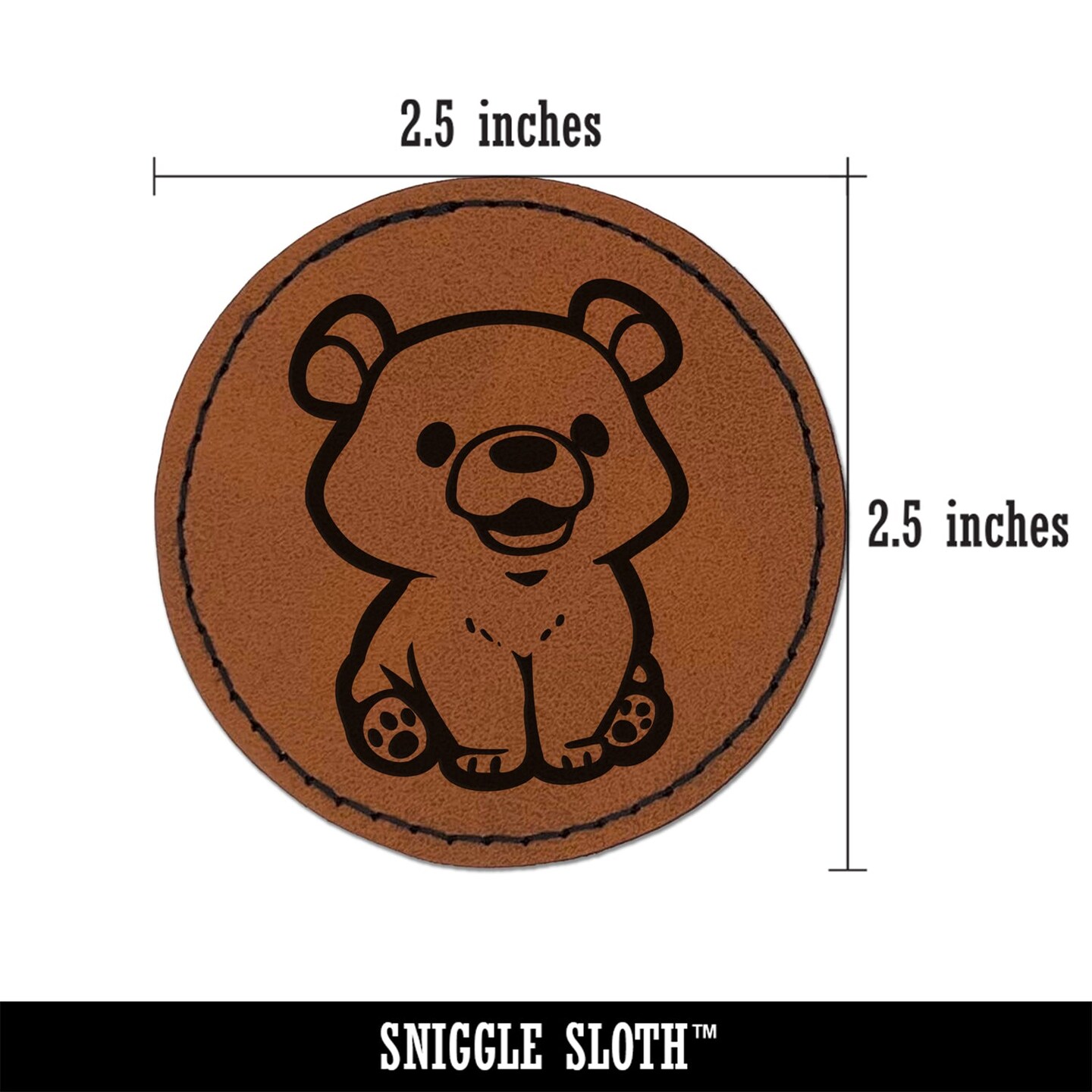 Cute Baby Bear Cub Sitting Round Iron-On Engraved Faux Leather Patch Applique - 2.5&#x22;