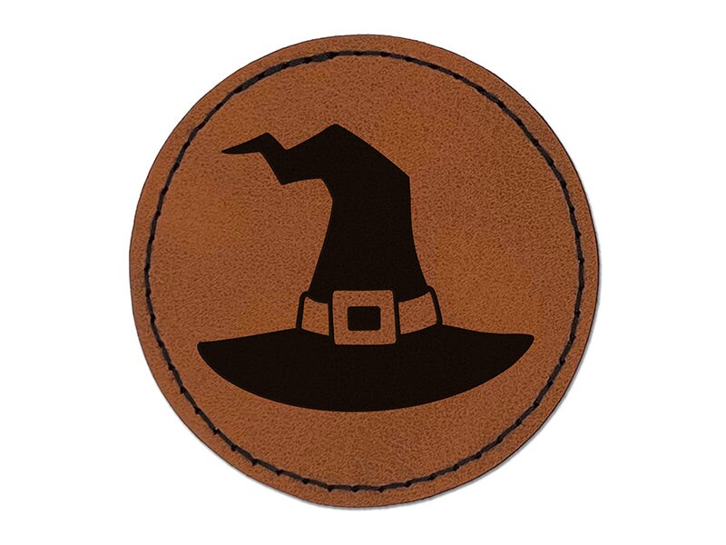 Stylized Witch Hat Halloween Round Iron-On Engraved Faux Leather Patch Applique - 2.5&#x22;