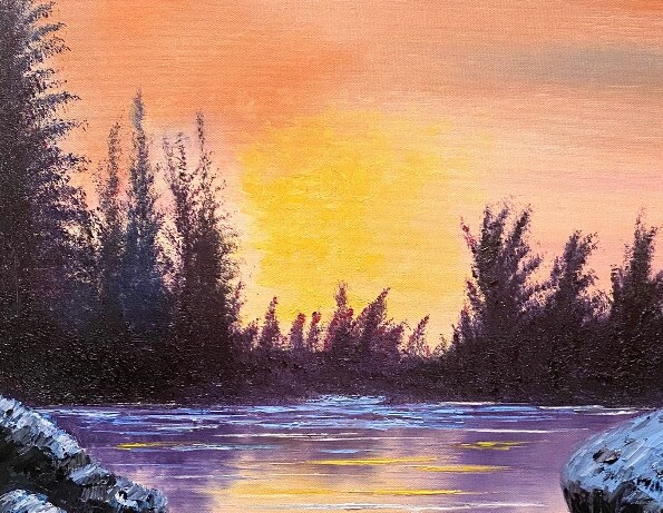 Sunset 2024 on the lake, oil painting.