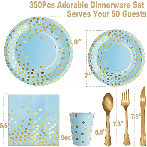 350 Pieces Blue and Gold Party Decorations 50 Guests Blue Paper Plates Plastic Forks Knives Spoons &#x26; Golden Dot Blue Party Plates Napkins Cups for 2023 Graduation Decorations Baby Shower Boy Birthday