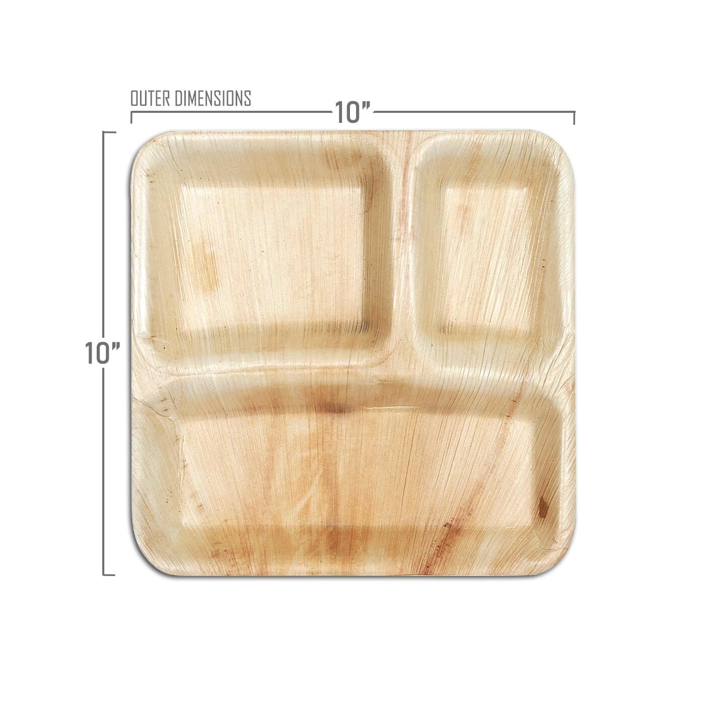 Square Palm Leaf 3-Partition Eco Friendly Disposable Dinner Plates - 10&#x22; (100 Plates)
