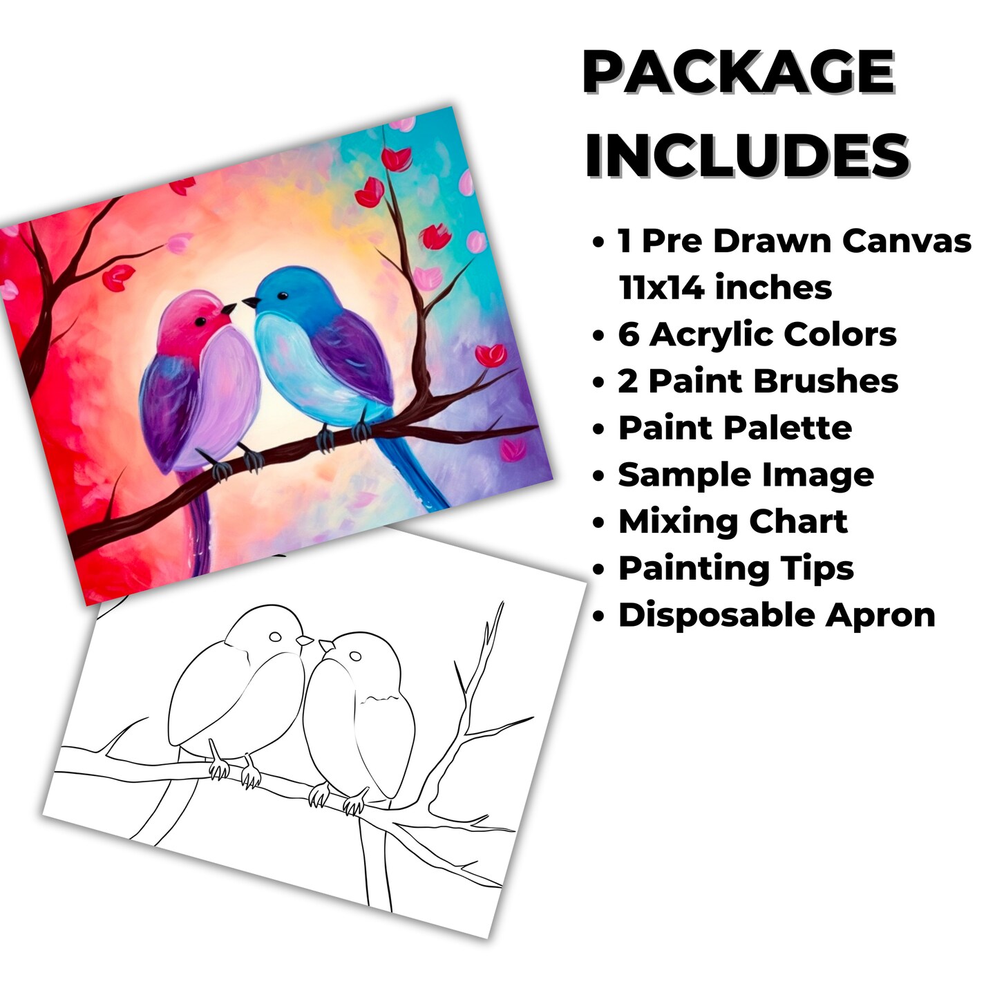 "Love Birds" DIY Canvas Art Kit, Adult Beginner, Acrylic Paint Size 11x14 inch