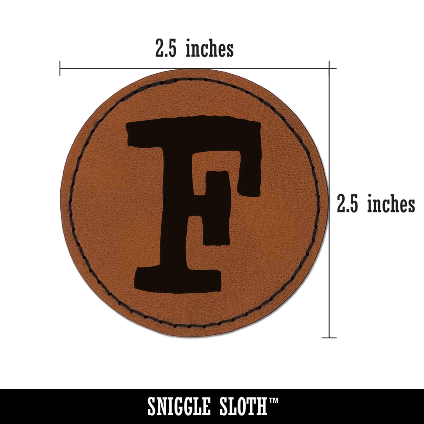 Letter F Uppercase Cute Typewriter Font Round Iron-On Engraved Faux Leather Patch Applique - 2.5&#x22;