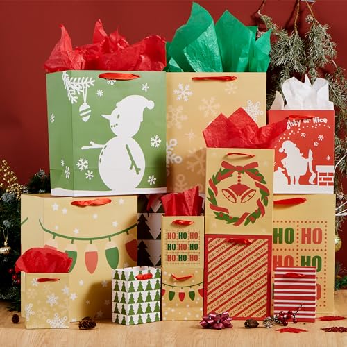 JOYIN 18 PCS Christmas Premium Holiday Gift Bags Assorted Sizes Creamy Kraft Style Prints (Small 5.5&#x201D; Medium 9&#x201D; Large 13&#x201D;) for Xmas Party Favors Decoration, Holiday Present Wrap D&#xE9;cor