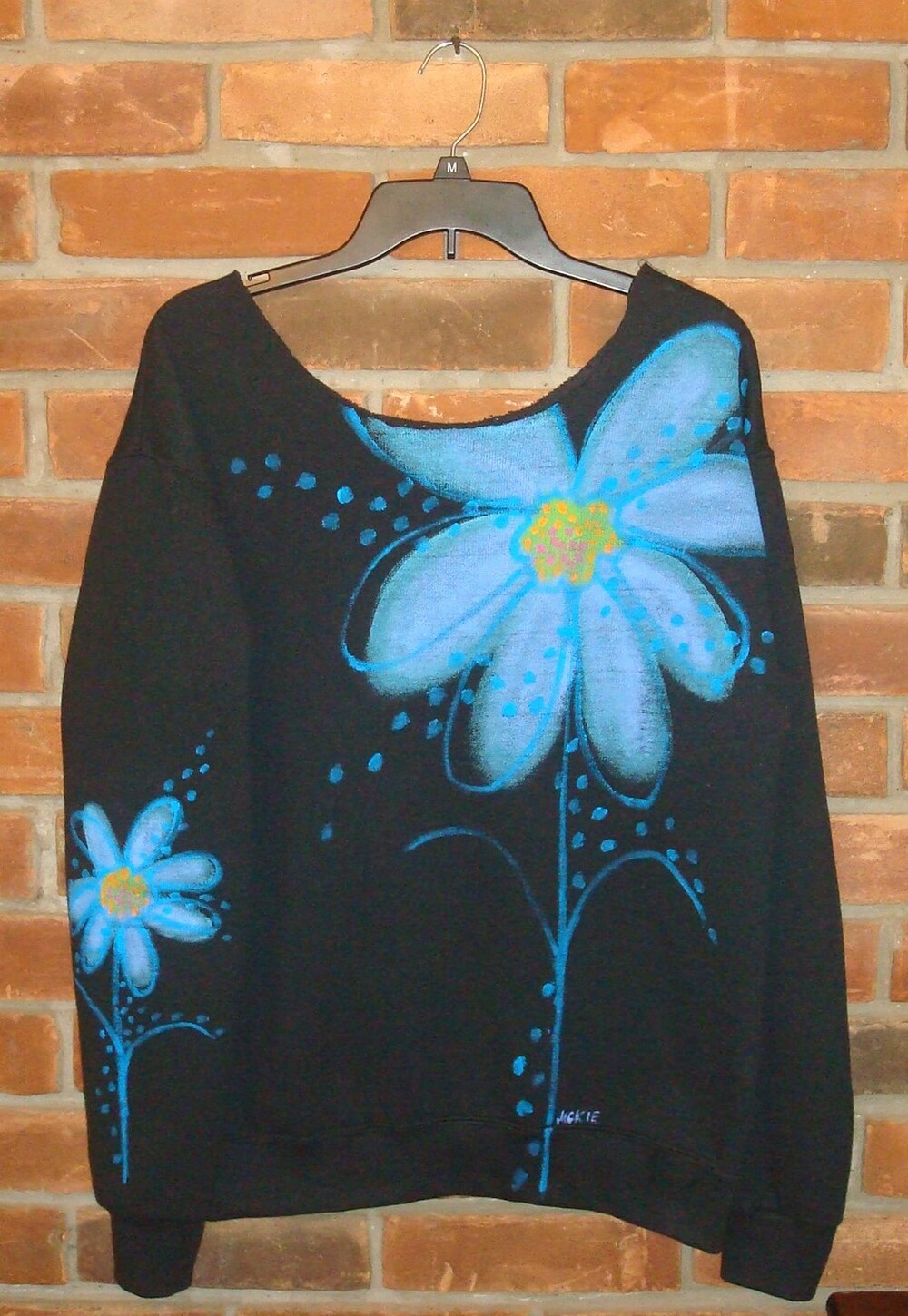 Aqua Floral Hand Embroidered Sweatshirt Handmade Ladies Size Small