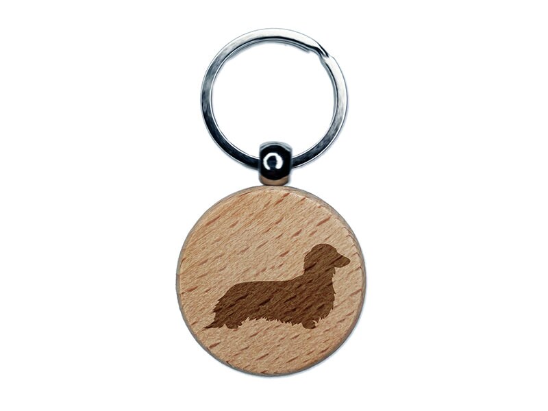 Long Haired Dachshund Dog Solid Engraved Wood Round Keychain Tag Charm
