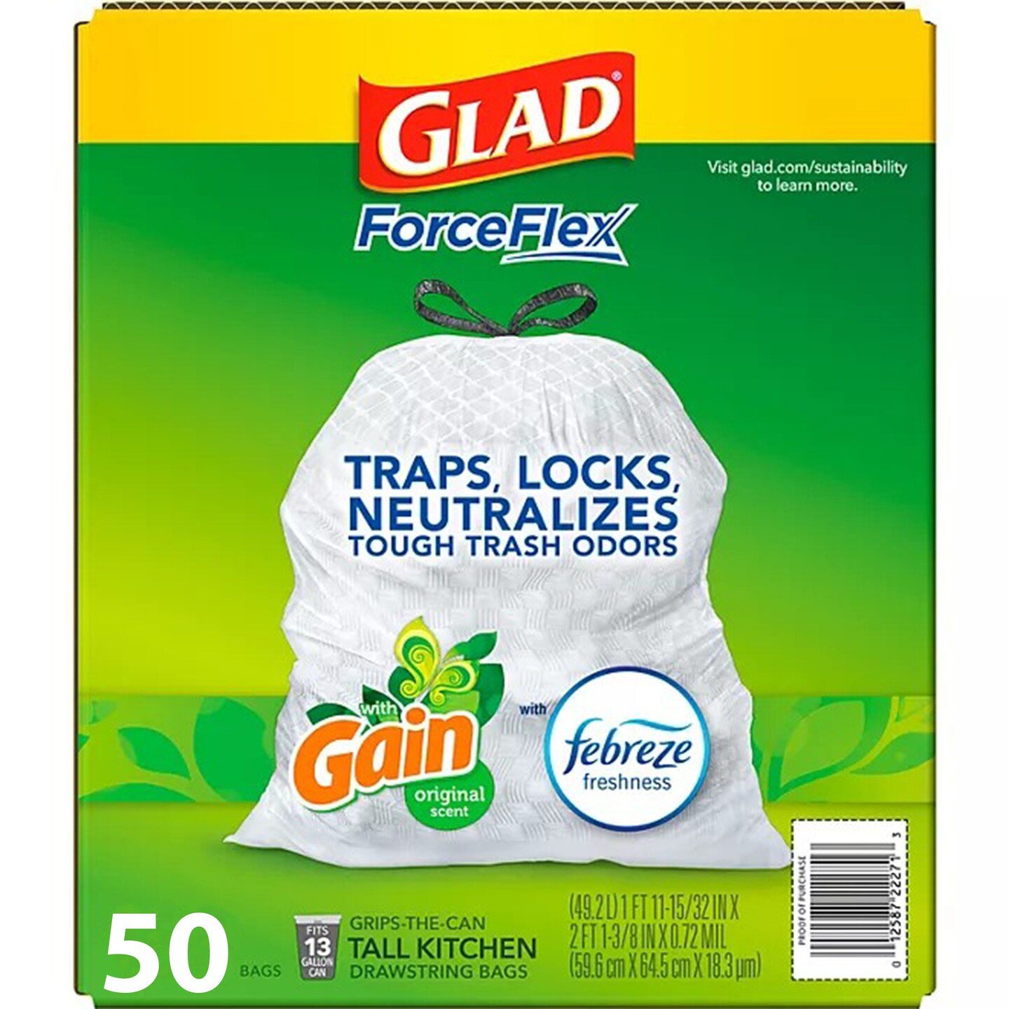 Glad ForceFlex 13-Gallons Gain Original White Plastic Kitchen Drawstring  Trash Bag (50-Count)