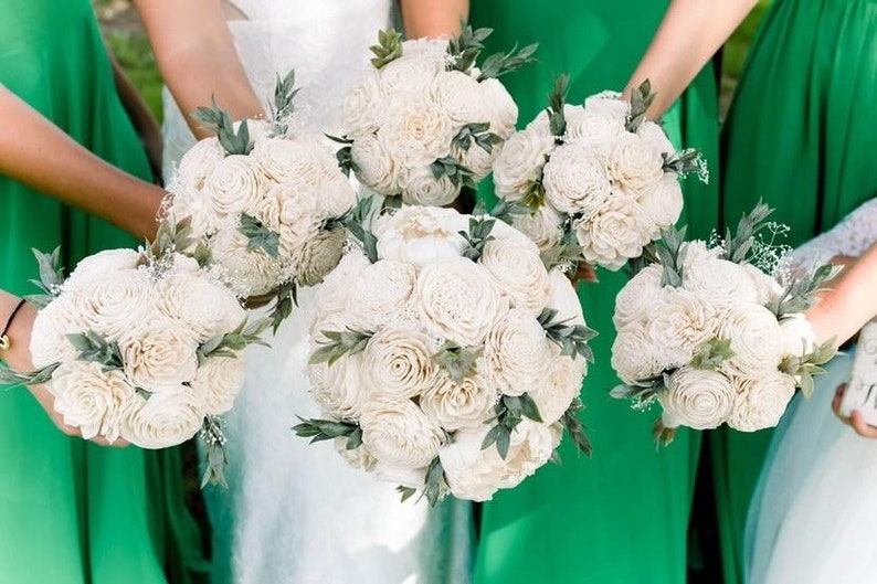 Small ivory white green popular brown rustic woodland wedding BOUQUET Sola Flowers cotton boll preserved cypress lace Flower girl Bridesmaids toss